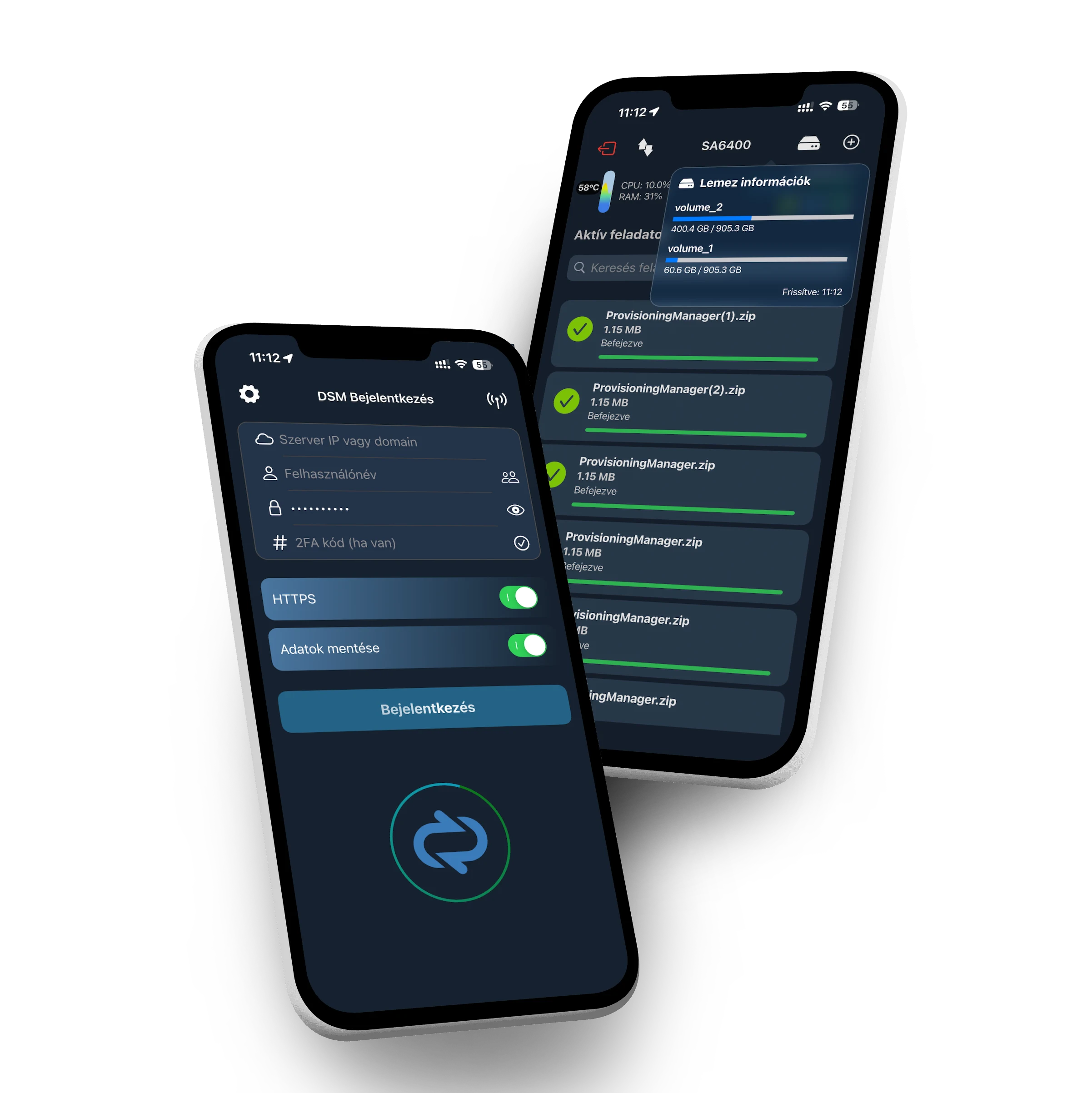 NAS Download Manager bejelentkezési és letöltéskezelő nézete mobilon
